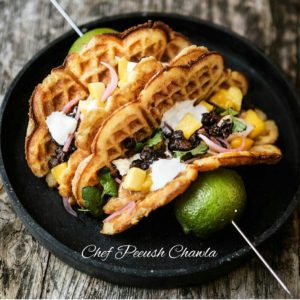 Savoury Waffels with  Sour Cream , Mango, Dry black Berries and Cilantro